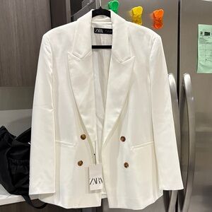 Zara Double-Breasted Cream Blazer with Gold Buttons